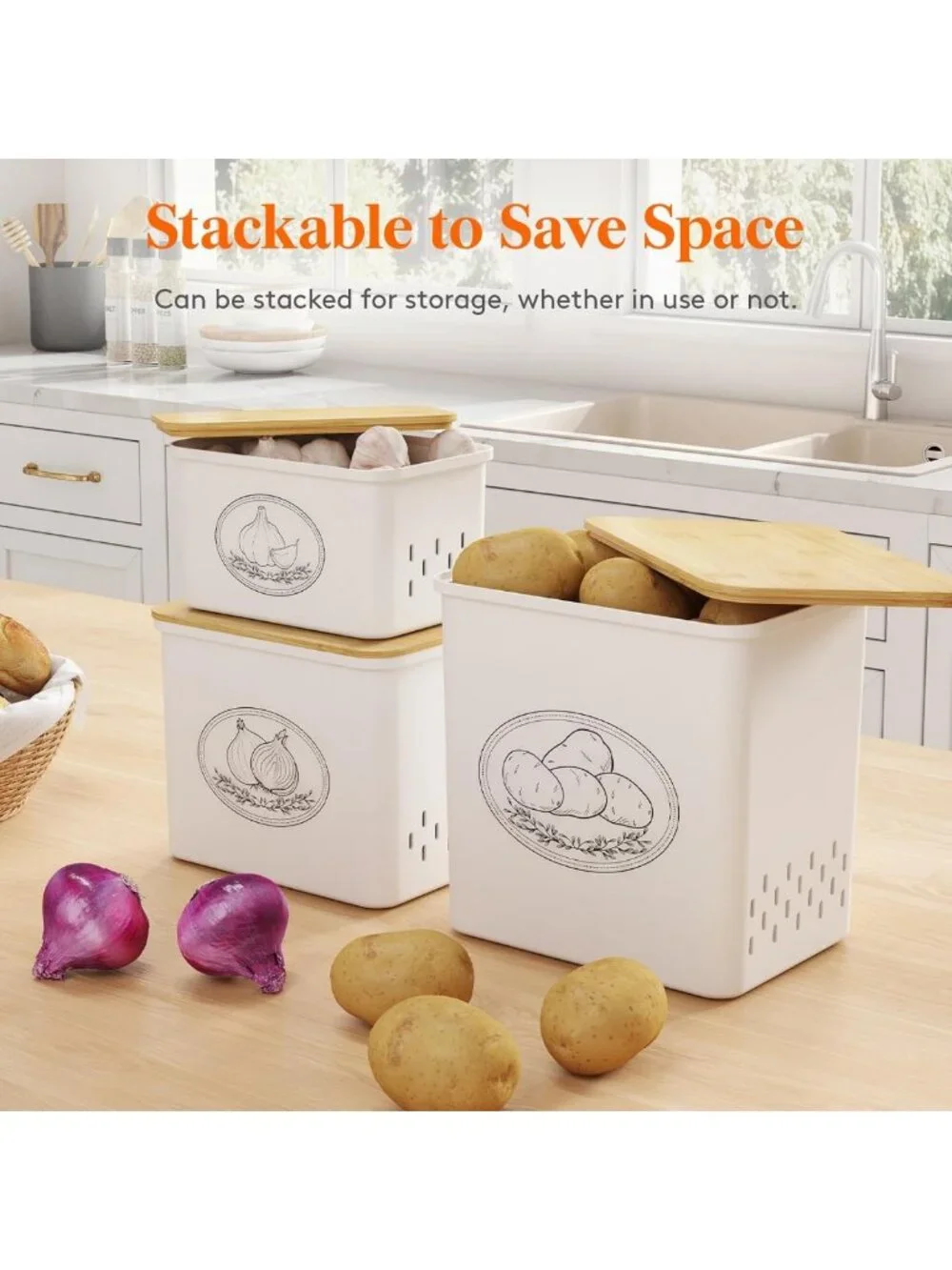 Set of 3 White Plastic Storage Bins for Potatoes & Onions - Kitchen Organization